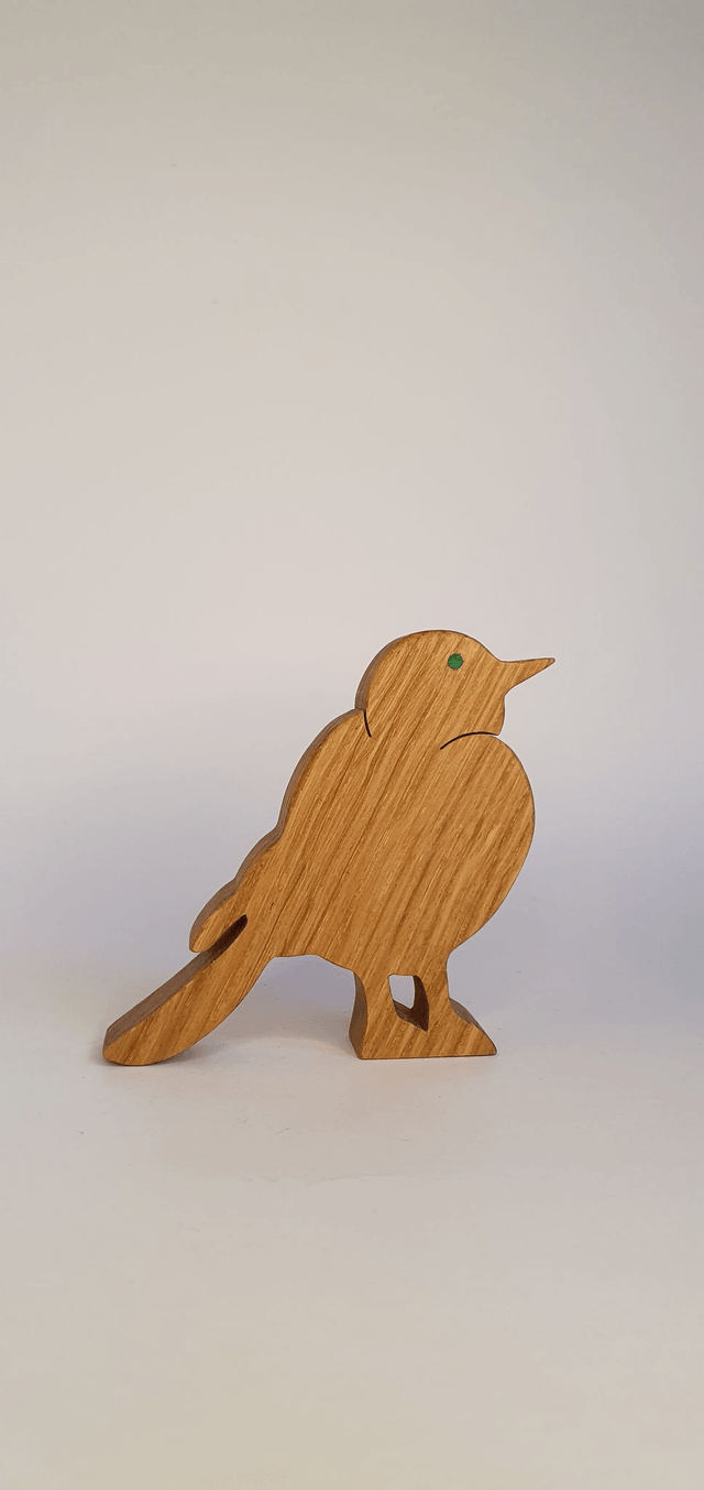 Oiseau décoratif en bois de chêne et cuir vert