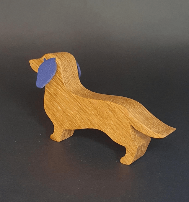 Teckel décoratif en bois et cuir bleu