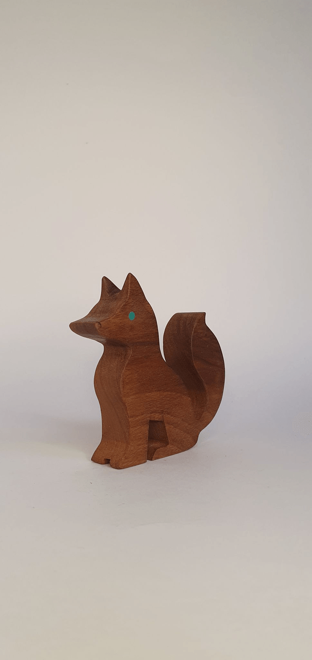 Renard décoratif en bois de chêne et cuir vert