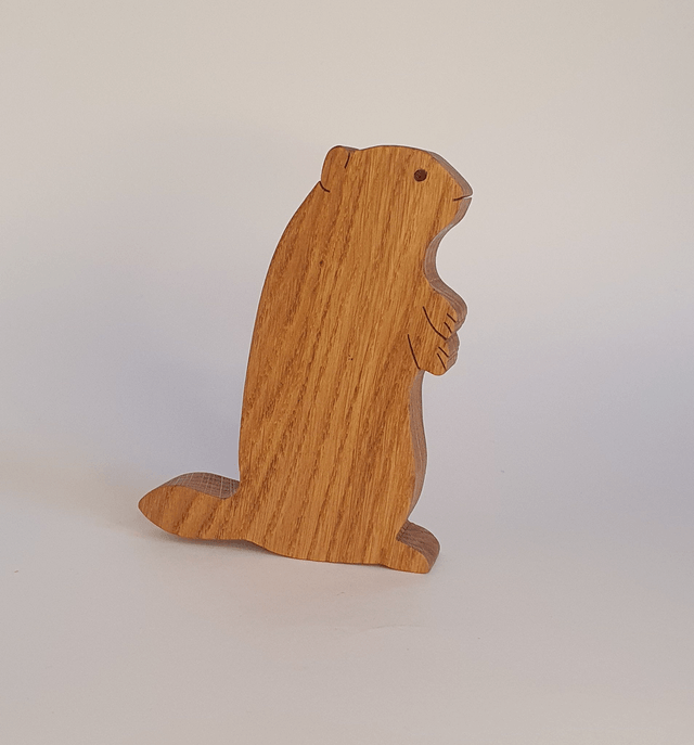 Marmotte décorative en bois de chêne et cuir marron