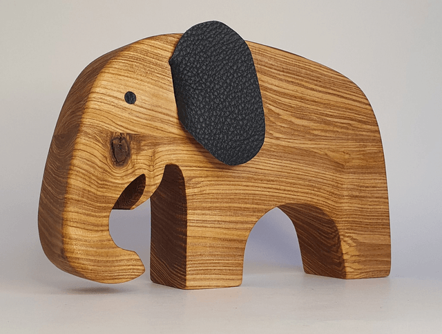 Eléphant décoratif "XXL" en bois de frêne et cuir noir