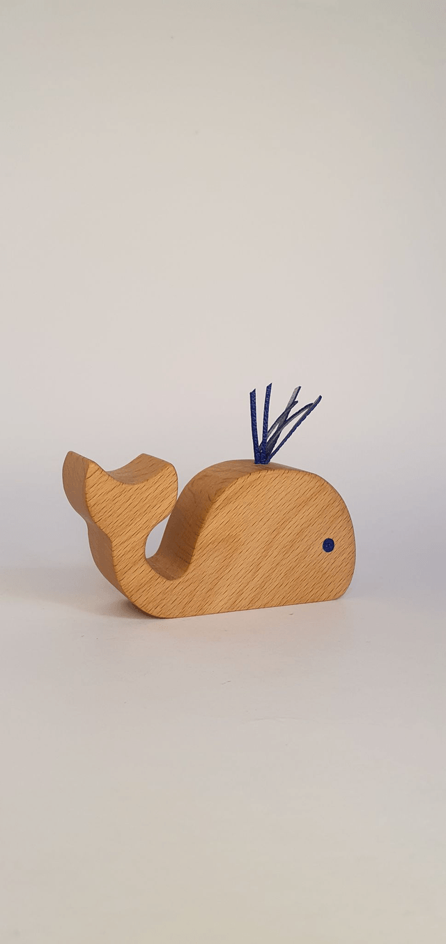 Baleine décorative en bois de hêtre et cuir bleu foncé