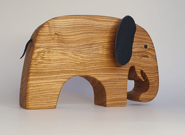 Eléphant décoratif "XXL" en bois de frêne et cuir noir