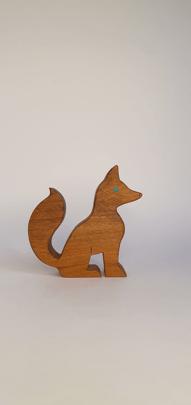 Renard décoratif en bois de chêne et cuir vert