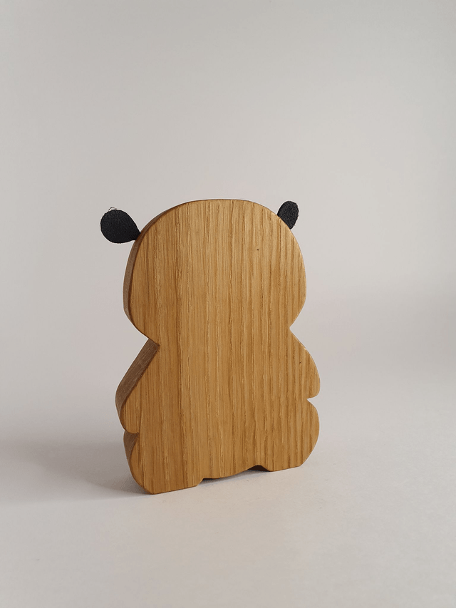 Panda décoratif en bois de chêne et cuir noir
