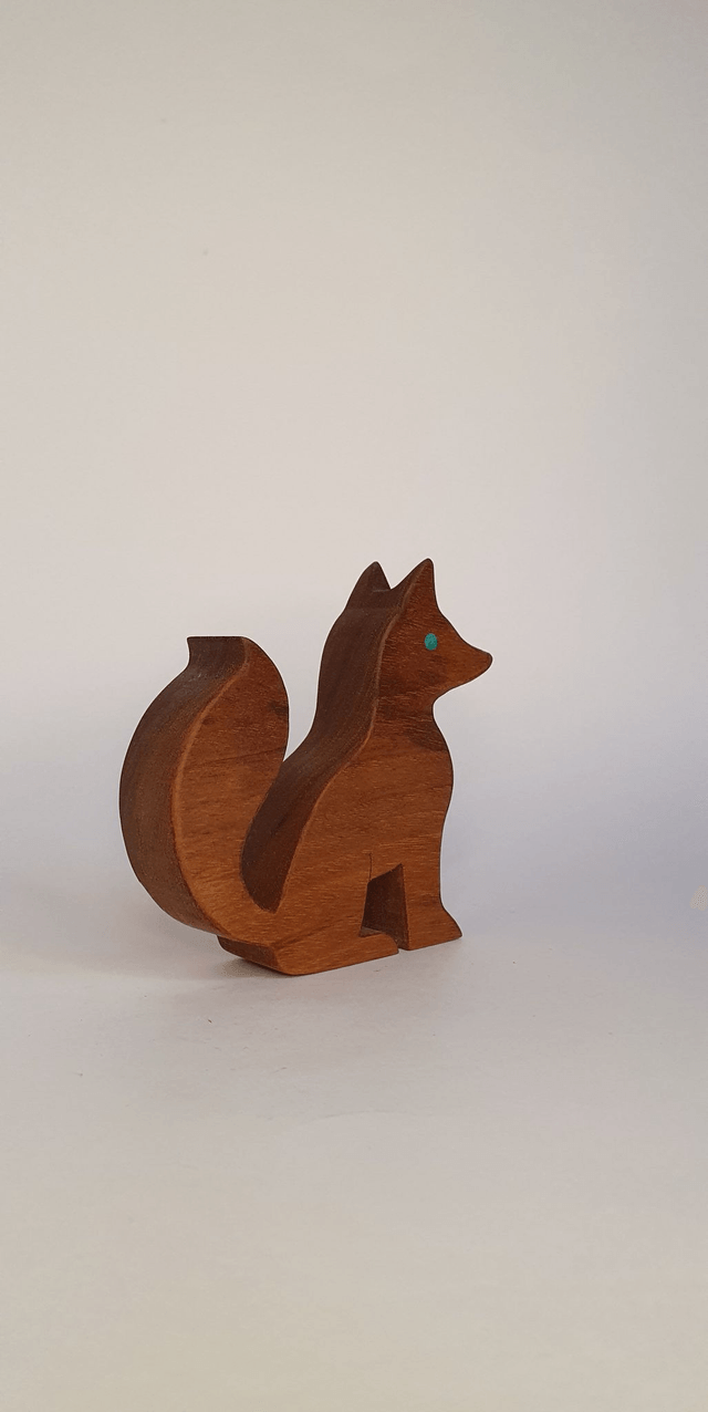 Renard décoratif en bois de chêne et cuir vert