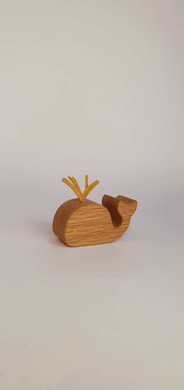 Baleine décorative XS en bois de chêne et cuir jaune