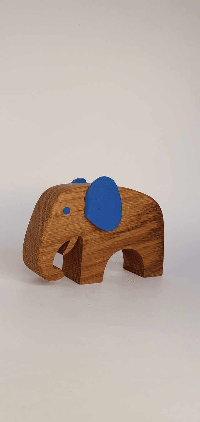 Eléphant décoratif &quot;grand&quot; en bois de chêne et cuir bleu