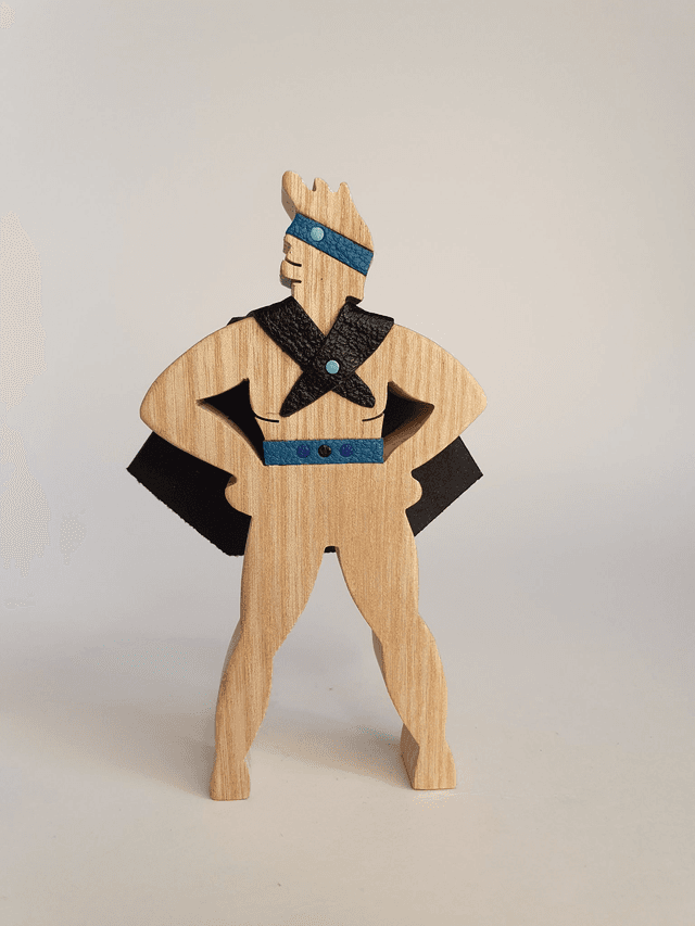 Super-Héros décoratif en bois de frêne et cuir Bleu